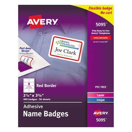 Avery Dennison Laser Self-Adhesive, Name Badge, Red, PK50 5095